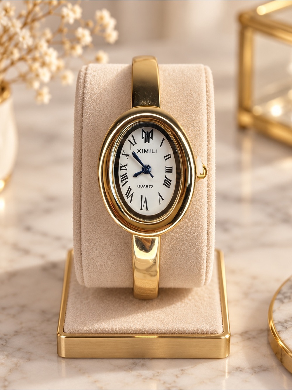 Gold Oval Quartz Bracelet Statement Watch